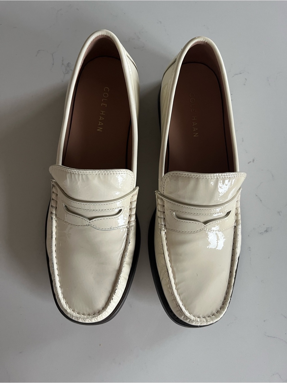 Cole Haan Lana Lux Remastered Penny Loafers in Ivory Crinkle Patent Leather